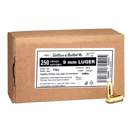 Munition bleihaltig Sellier & Bellot 124grs FMJ 250STK 9mmLuger